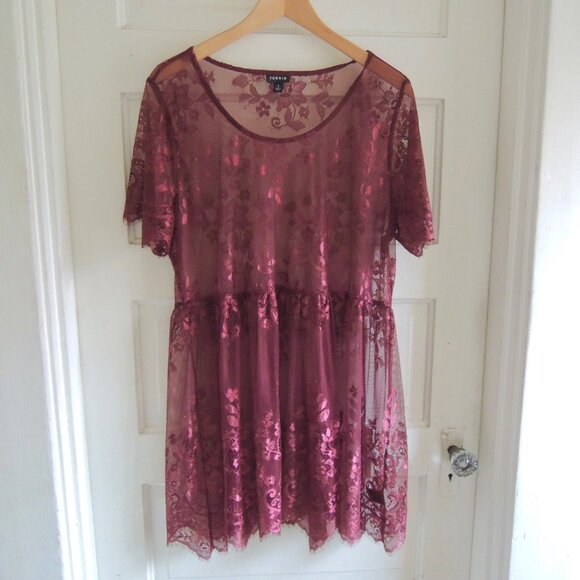 Torrid Sheer Burgundy Floral Lace Babydoll Top 1 (1X) - Picture 1 of 9